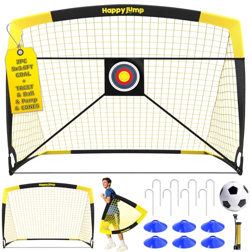 Happy Jump Pop-Up Fußballtore – 152x110 cm, 2 Tore, Schwarz Gelb mit Ball, Pumpe, Hütchen & Zielscheibe | Komplettes Training-Set für Garten & Familie