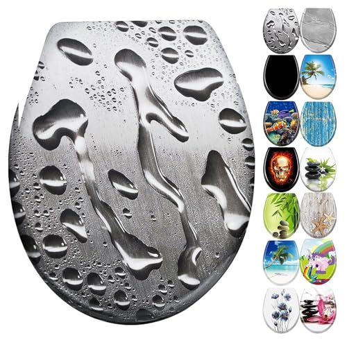 YZNAHRE WC-Sitz Toilettendeckel mit Soft-Close, Duroplast & Edelstahl, Antistatisch & Antibakteriell, Abnehmbar, Leicht zu Reinigen, 45x38 cm, Passend für Hänge-WC, Wassertropfen