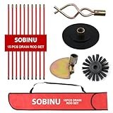 Sobinu 30ft (9m) Drain Rod Set Kit – 15PCS Professional Heavy Duty Drain Cleaning Rods with Plunger, Worm Screw, Scraper & Brush, Pipe & Gutter Unblocking Tool with Carry Bag