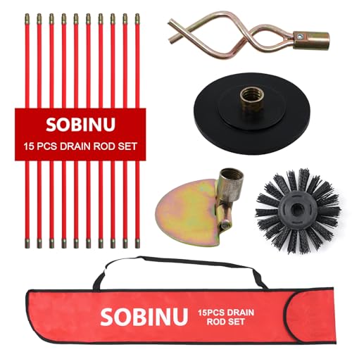 Sobinu 30ft (9m) Drain Rod Set Kit 15PCS Professional Heavy Duty Drain Cleaning Rods with Plunger Worm Screw Scraper & Brush Pipe & Gutter Unblocking Tool with Carry Bag