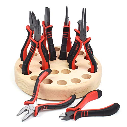 Jewelry Making Pliers Set 8-Piece with Rotatable-Wood Pallet, Mini Precision DIY Supplies Diagonal/End