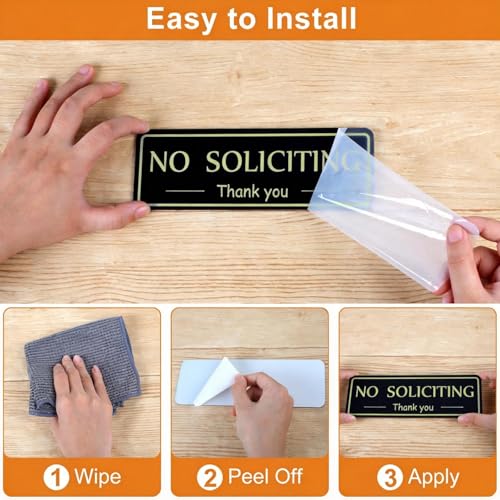 Image of MOWPOG 2 Pack No Soliciting Sign Sticker for House Front Door, Black /Gold | 7.9 inchx2.8 inch Thick Acrylic, Strong Self-Adhesive, Weatherproof & Sturdy, for Home, Office, Wall, Keep Solicitors Away