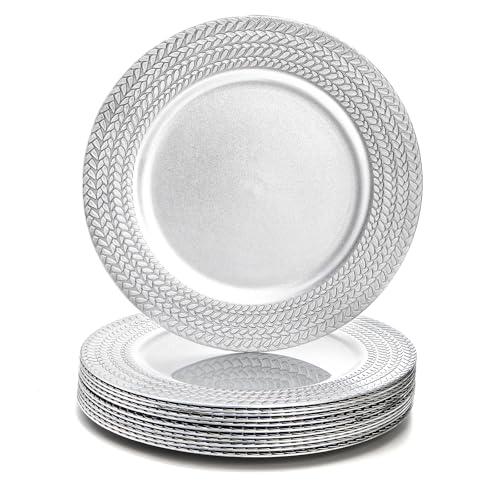 SOUJOY 12 Pack Silver Charger Plates, 13 Inch Plastic Dinner Plate, Leaf Trim Antique Charger Plate for Weddings, Parties, Anniversary, Thanksgiving, Christmas SOUJOY 12 Pack Silver Charger Plates, 13 Inch Plastic Dinner Plate, Leaf Trim Antique Charger Plate for Weddings, Parties, Anniversary, Thanksgiving, Christmas
