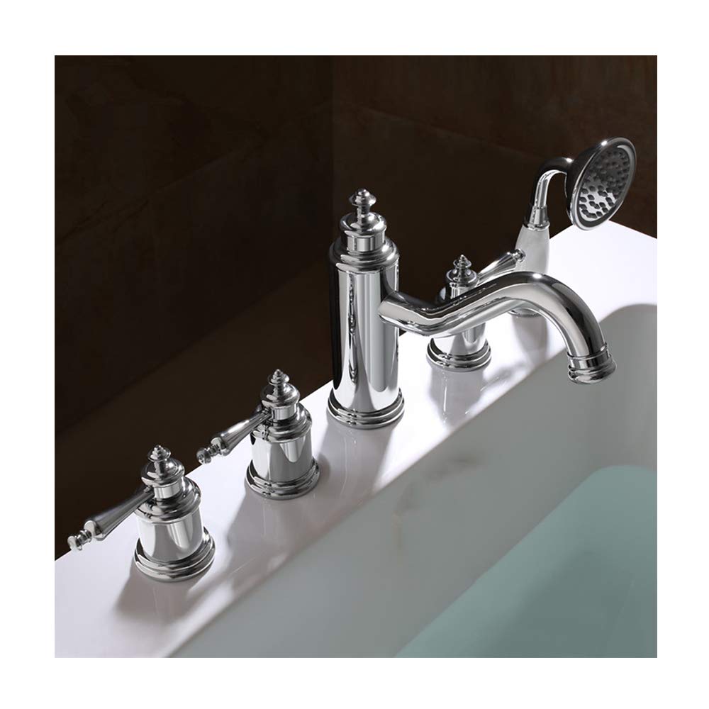 BHGFYXBS Bathtub Faucet With Hot And Cold Water Deck Mounted Brass Bathtub Shower Mixer Tap 3 Handles 5 Holes Bathtub Faucet Set With Handheld Shower, Bathtub Spout,Gold,Chrome