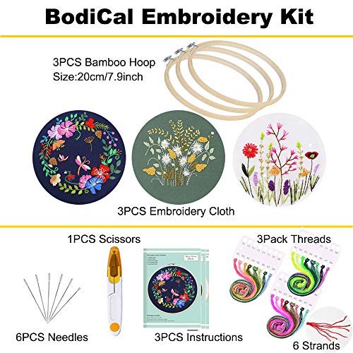 for Women, Embroidery Kit for Beginners, Cross Stitch Starter Kits Include 3 Sets Embroidery Fabric Cloth with Pattern, 3 Bamboo Hoops,Floss Threads, Needles and Scissors