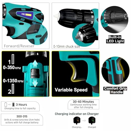 Image of 12V Li-ion Cordless Drill Machine | Screwdriver | Chuck 10mm | 1350RPM | Torque 18+1 | Pistol Grip | Spiral Drill | 24 Accessories drill bits in carrying tool kit