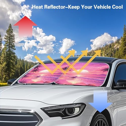 Image of Car Sun Shade Windshield Sunshade Pink Sunset Palm Tree Auto Interior Protector Foldable 2-Piece Sun Visor Windshield Cover Automotive Interior Accessories Fit Most Cars