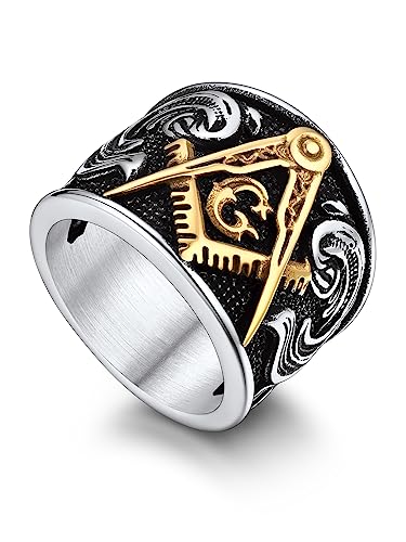 Bandmax Stainless Steel Masonic Rings Size 11 Mens Gothic Punk Retro Style Biker Rings Freemasonry Ring Cool Ring for Men Women