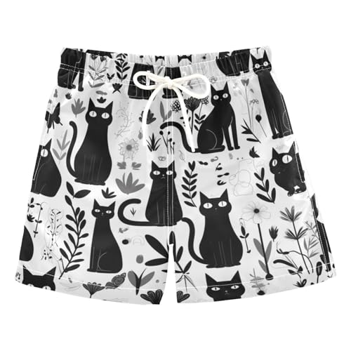 Boys Swim Trunks with Pockets and Quick Dry Fabric,Cat Flower Grass Kids Swimwear Boy Swimsuit 3T