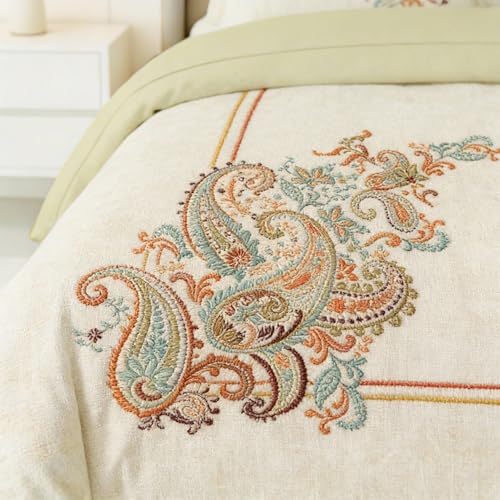 Image of LANE LINEN 100% Cotton Printed King Size Bedsheet - White Beige | OEKO-Tex Certified, 250TC, Fits King & Double Bed, Paisley Print, Breathable & Wrinkle-Free, Includes 2 Pillow Covers