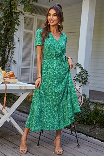 PRETTYGARDEN Women's Summer Floral Boho Maxi Dress Wrap Short Sleeve V Neck Ruffle A-Line Flowy Wedding Guest Long Dresses