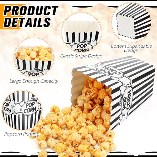 Image of Xinnun 100 Pcs Popcorn Boxes 32oz Classic Stripe Paper Buckets Disposable Oil Proof Popcorn Container Retro Open Top Box for Movie Night Supplies Theaters Carnival Birthday Party(Black and White)