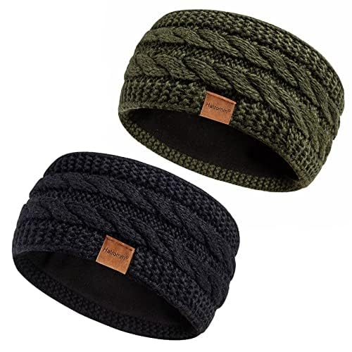 Winter Headbands for Women Wool 2 Pack, Ear Warmers for Women Headband Knit Thick Fleece Lined, Cold Weather Warm Ear Muffs(Black+Army)