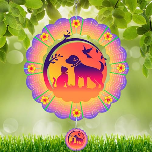 WindMage Cat Dog Friend Wind Spinners for Yard and Garden,12 Inch 3D Stainless Steel Hanging Kinetic Yard Art Wind Sculpture, Kinetic Art Garden Decor...