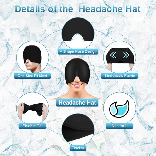 Image of Headache Relief Cap Gel Wrap for Head and Eye Coverage, Stretchable Fabric Head Wrap with V Shape Nose Design for Hot and Cold Use