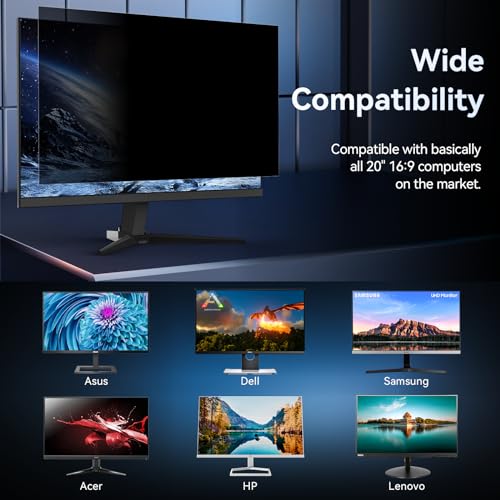 Image of 20 Inch 16:9 Computer Privacy Screen for Widescreen Monitor, 20in Removable Anti Blue Light Glare Eye Protection Shield Film Screen Protector, Black Blackout Anti Spy Desktop Security Private Filter