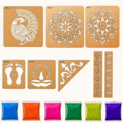 Image of SWAGSTATION Mandala Rangoli Stencils Set Rangoli Stencils Big Size for Floor (Set of 7 Stencil, 6 Rangoli Colors Set, Decorative Stencils Combo 61WS0771) Mandala Rangoli Making Tools Kit, Multi