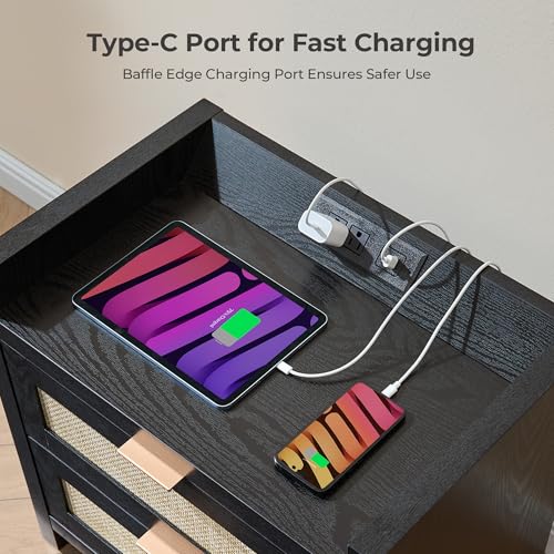 Image of SICOTAS Black Nightstands Set of 2 Bed Side Table - Boho Night Stand End Table with Type-C Charging Station, 2 Rattan Decor Drawers Storage Cabinet Night Stands for Bedroom, Black Oak