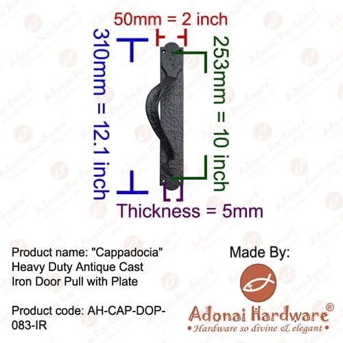 Adonai Hardware "Cappadocia Heavy Duty Antique Cast Iron Decorative Door Pull with Plate for Vintage Sliding French Wooden Barn Doors, Gates, Fences, Farmhouse (Left Handle, Black Powder Coated)