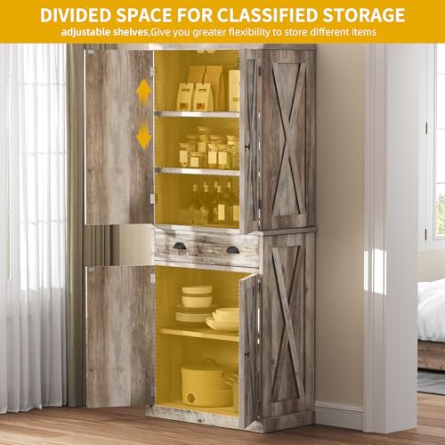 DWVO 72'' Tall Farmhouse Kitchen Pantry, Rustic Wood Kitchen Storage Cabinets with Adjustable Shelves & Drawer, Freestanding Cupboard for Dining Room, Living Room, Light Gray