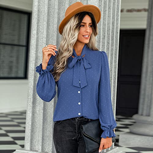 Women's Polka Dots Blouse Long Sleeve Button Down Shirt Casual Work Office Blouse Top Blue #TOP7