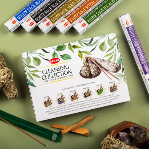 Image of Cleaning Collection 6 White Sage Incense Blends - Yerba Santa, Eucalyptus, Lavender, Blue, Black & Royal Sage Incense Sticks with Holder, Premium Brown Incense Sticks