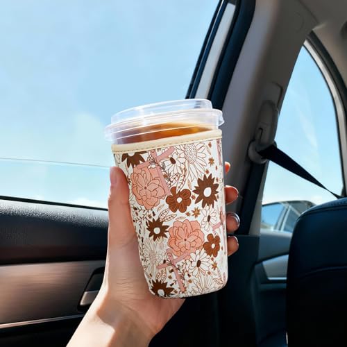 Image of Reusable Insulated Sleeve for Iced Coffee Cup, 3-Pack Coffee Neoprene Drink Sleeve for Cold & Hot Drinks, Beverage Holder for Iced Coffee (Cross Petals)