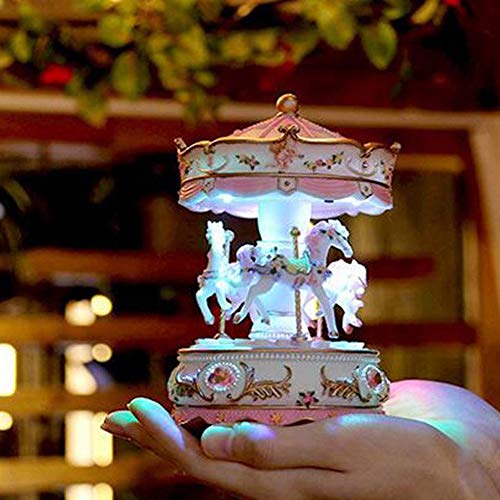 Music Box, Carousel Horse Music Box For Girls 3-Horse Windup Rotating Led Light Musical Gift For Christmas/Birthday/Valentine's Day Festival Music Box Artware(Pink) #TOP3