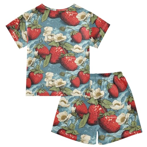 ALAZA Strawberries White Flowers Pajama Set Short Sleeve Sleepwear Soft Lounge Nightwear2