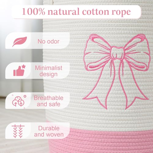 Image of Honeydak Pink Bow Cotton Rope Laundry Basket Hamper, Bowknot