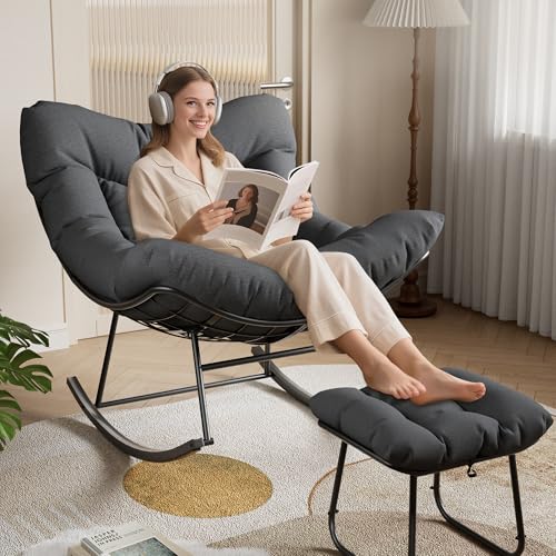 GarveeLife Oversized Lounge Chair with Footrest, Outdoor Papasan Rocking Chair with Ottoman and Sturdy Metal Frame, Patio Rattan Egg Rocker for Balcony Backyard Porch Bedroom, Grey