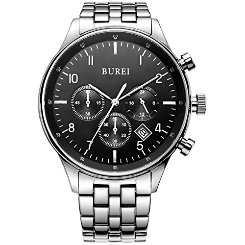 Preisvergleich Produktbild BUREI Herren Chronograph Armbanduhr Schwarzem-dial mit Saphirglaslinse Datum Kalender und Edelstahl Armband Männer Uhren (Schwarz-Silber)