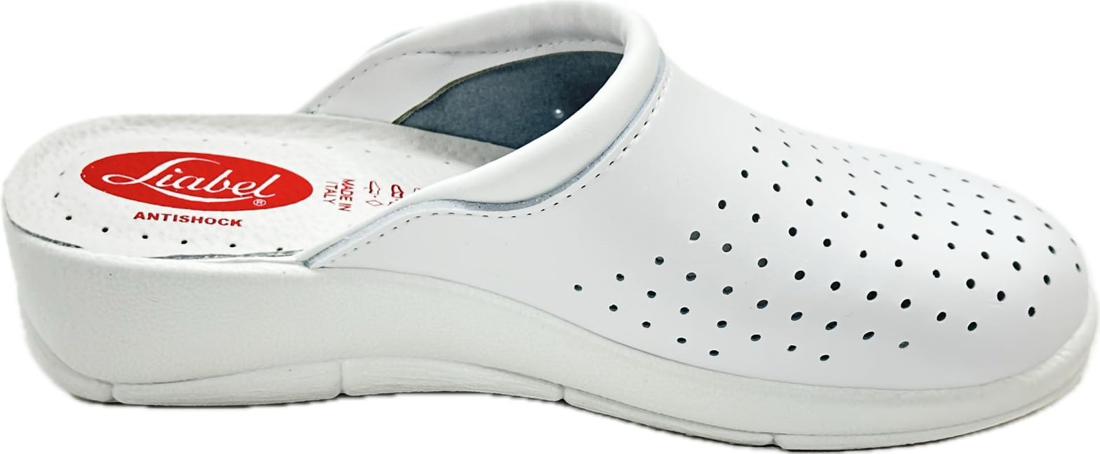 Zuecos sanitarios profesionales, piel blanca perforada, cómodos y ligeros