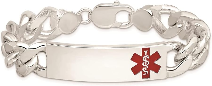 Polished Engravable Personalized Custom 925 Sterling Silver Polished Medical Curb Link ID Bracelet For Men or Women Length 7.5 inches Width 13 mm With Lobster Claw Clasp