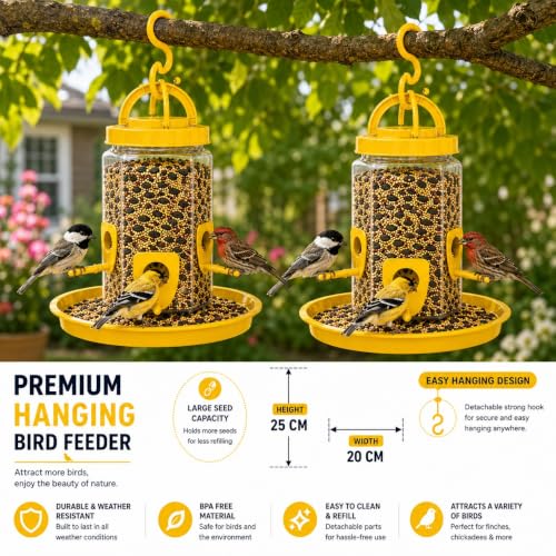 Image of Hanging Bird Feeder for Garden & Balcony, 1 Litre Weatherproof Bird Food Dispenser with 4 Feeding Ports, 360 Perch Feeding Station for Outdoor & Indoor Use (Yellow) Pack of 2