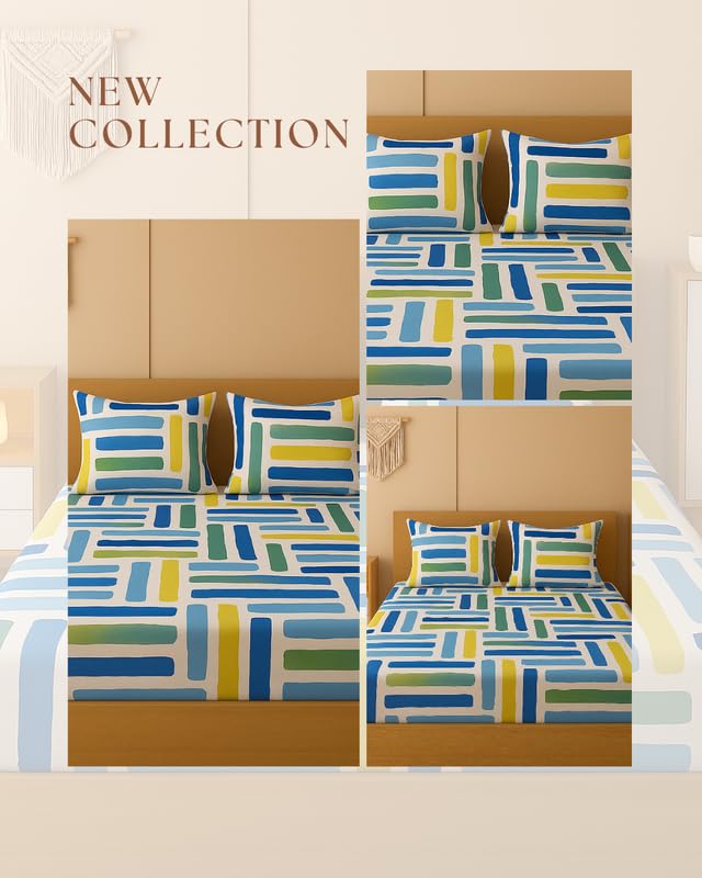 Image of NEW LEAF 320 TC Cotton All Around Elastic Fitted Printed Bedsheets King Size, Premium Fitted Bedsheets King Size for Double Bed with 2 Pillow Covers, Size- 78 inch x 72 inch Blue White