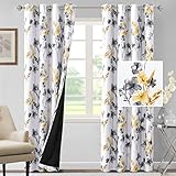 H.VERSAILTEX 100% Blackout Curtains 84 inch Length 2 Panels Set Cattleya Floral Printed Drapes Leah Floral Thermal Curtains for Bedroom with Black Liner Sound Proof Curtains, Grey and Yellow