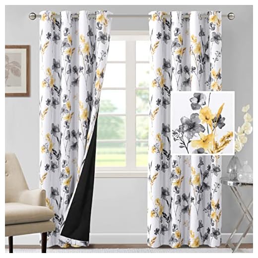 H.VERSAILTEX 100% Blackout Curtains 84 inch Length 2 Panels Set Cattleya Floral Printed Drapes Leah Floral Thermal Curtains for Bedroom with Black Liner Sound Proof Curtains, Grey and Yellow