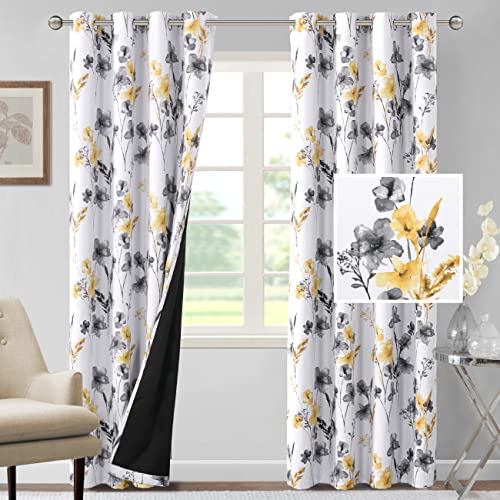 Image of BFAM Floral Print 120% Blackout Curtain with Black Linning at Back, Floral Print Curtains for Living Room /Bedroom Thermal Insulated Energey Saving, Catteleya Yellow, 12 Feet,Pack of 1 Curtain