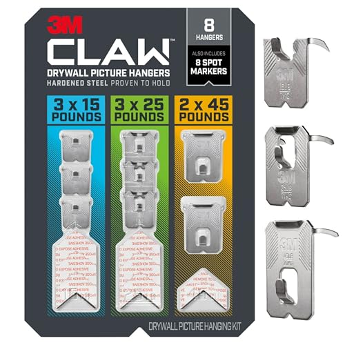 3M CLAW 15 25 and 45 lb. Drywall Picture Hanger Variety Pack With Spot Markers Heavyweight Hanging Solution for Room Decor and Office Decor Including Mirrors or Large Art 8 Pack