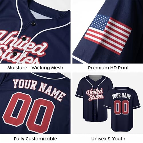 Custom USA Baseball Jersey - Camiseta deportiva patriotica personalizada con nombre y numero para hombres y mujeres miniatura 6