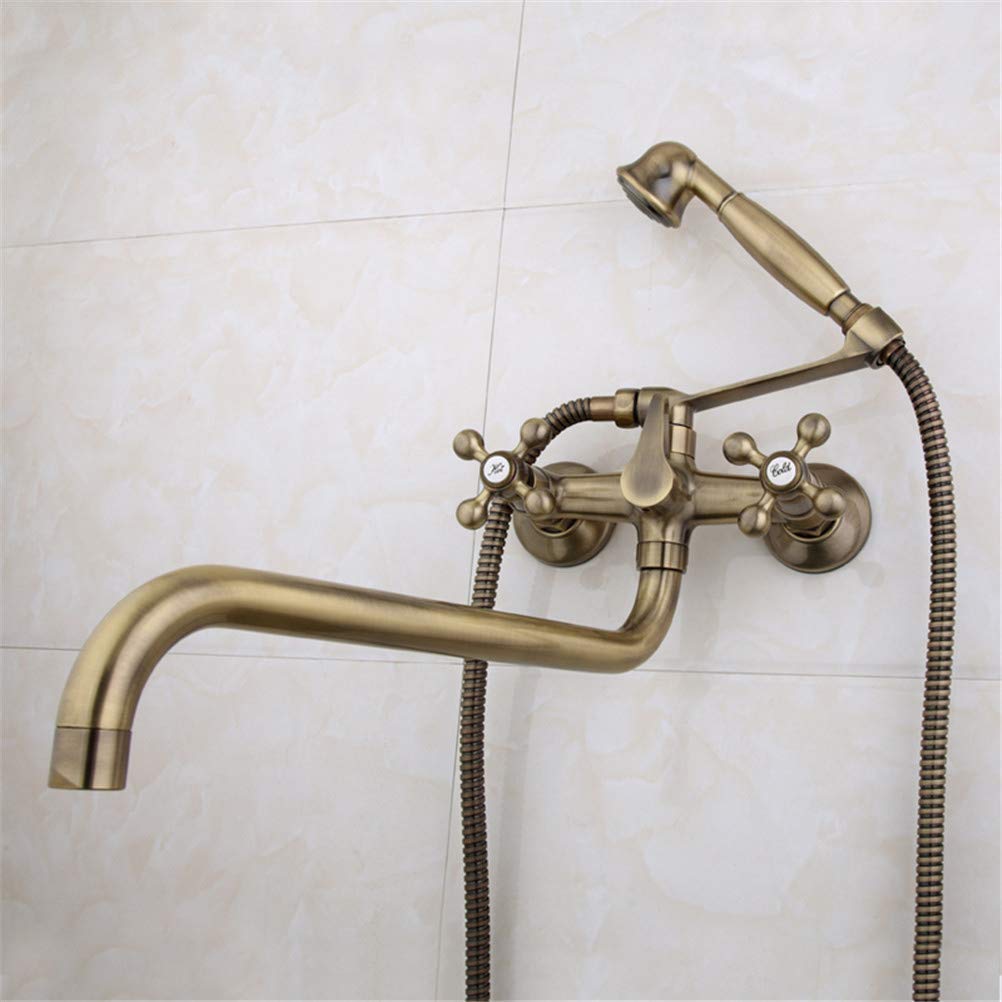 ZQFHSX Antique Brass Wall Mounted Bathtub Faucet Set - Dual Handle Shower with 36Cm Nose Hand and Rain Head for Bathroom Upgrade LWX