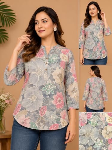 Image of Women's Floral Printed Cotton Kurti Summer Cotton Tunic Top for Girls