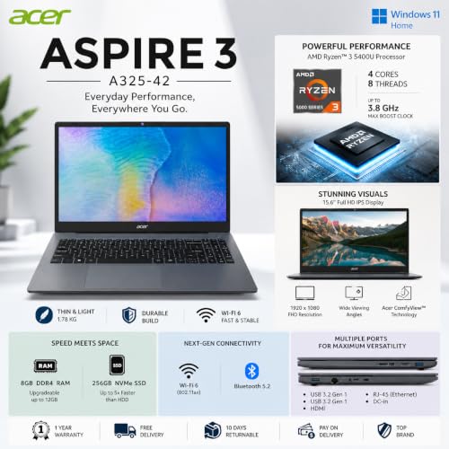 Image of Acer Aspire 3 Laptop A325-42 | 15.6 inch (39.6 cm) FHD IPS Display | AMD Ryzen 3 5400U | 8GB DDR4 RAM | 256GB NVMe SSD | Windows 11 Home | AMD Radeon Graphics | Wi-Fi 6 | Steel Gray | 1.78 Kg