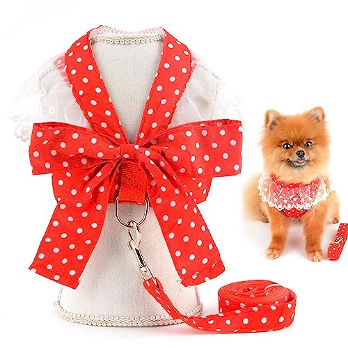 SMALLLEE_LUCKY_STORE ペット服 犬 服 春 夏 超小型犬 小型犬 蝶結び 水玉模様ワンピース型ハーネスリードセット 可愛い子犬 スカート バンドdリング 洋服 猫服 涼しい 袖なし女の子 姫様ドレスドッグウェア犬の服 チワワ服お散歩お出