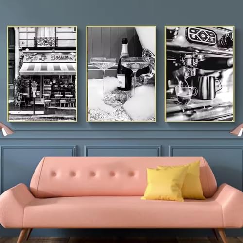 Poster noir et blanc femme champagne tableau moderne salon chambre triptyque mural 21x30cm