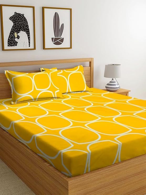 Super Soft Cotton Flat Double Bedsheets with 2 King Size Pillow Covers | Double Bed Breathable Bedsheet | Wrinklefree, Size- 90x90 Inches,Large (Yellow Oval)-image-27