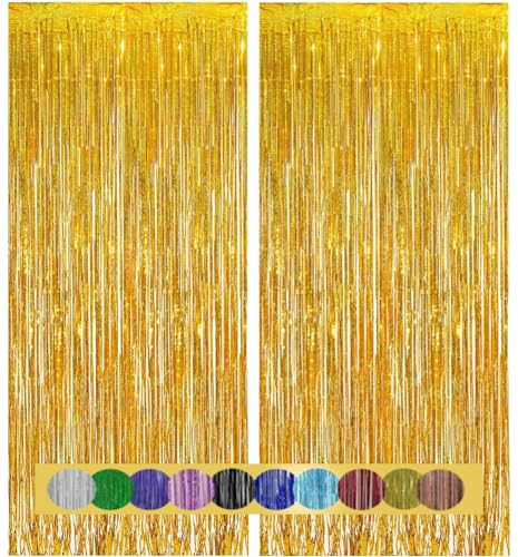 Montegoni 2 Pezzi 1x2.5m Oro Tende Metalliche Feste con Frange Scintillanti, Decorazione Lamina Glitter per Capodanno, Compleanno, Baby Shower, Festa di Nozze | Frange di Lamina per Decorazione