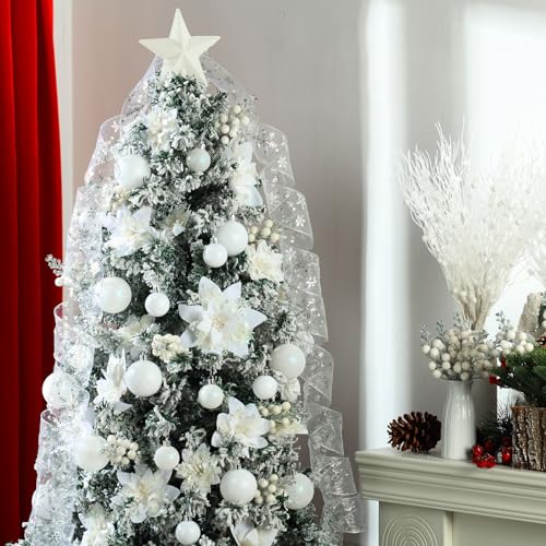 Realspring 72 Pieces Christmas Tree Ornament Set Xmas Assorted Decorations Bulk Glitter Poinsettia Berry Picks Topper Star Sequin Tree Skirts for Home Wreaths Holiday Party Favors (White) by Realspring - Image 6
