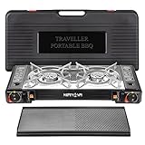 Mianova Campingkocher Outdoor Doppel Gaskocher BBQ Notfallkocher Grill Gaskartuschen Gas Camping Kocher Herd 2 flammig Set Grillplatte Koffer